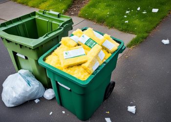 Glaswolle befindet sich in einer grünen Tonne und ist ein Negativbeispiel dafür, wie man das Glaswolle-Entsorgen nicht machen sollte.